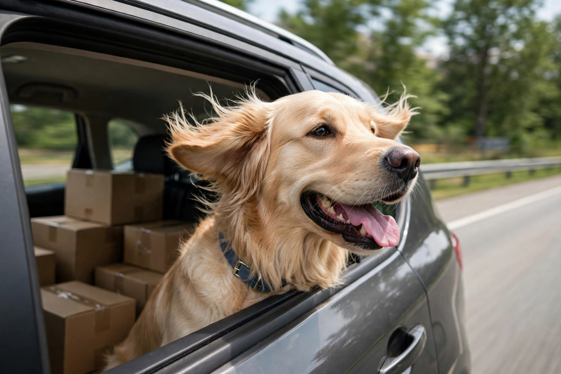 Happy golden retriever looking out of a car window on a road trip move with moving boxes in the back seat