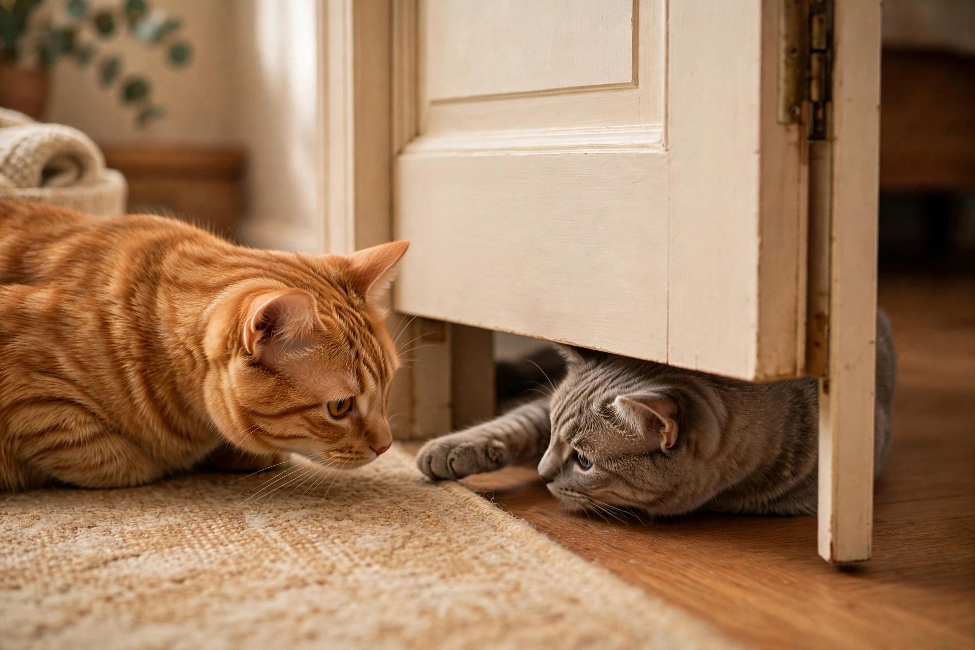 Two cats sniffing each other through a slightly open door during a slow introduction