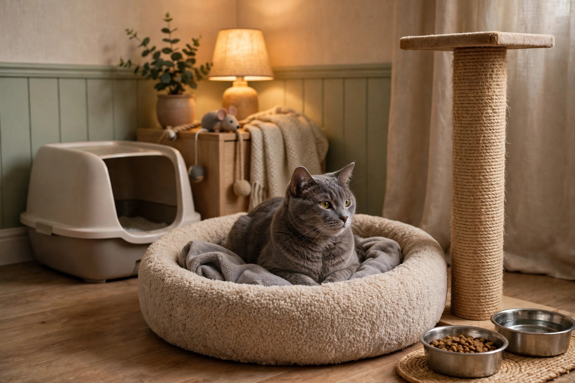Cozy safe room setup for a new cat with bed, scratching post, food bowls and litter box