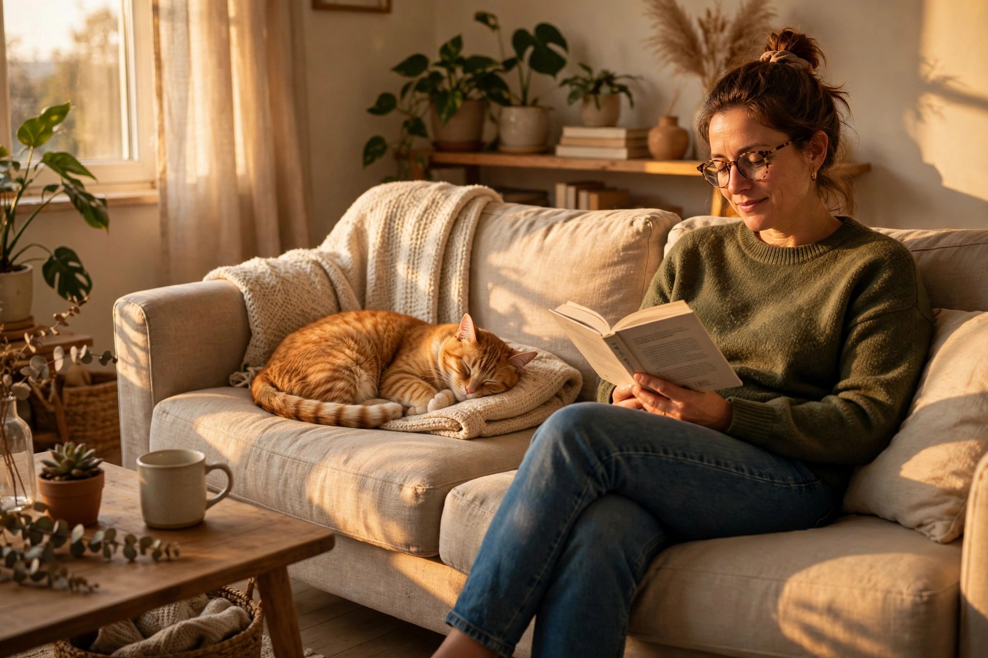 Cat sleeping peacefully on a sunlit couch next to its owner, settled in at home