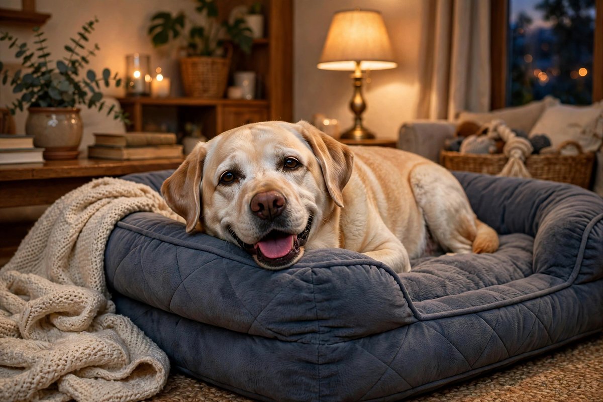 Senior labrador resting on a plush orthopedic dog bed — a comfort gift for new dog owners