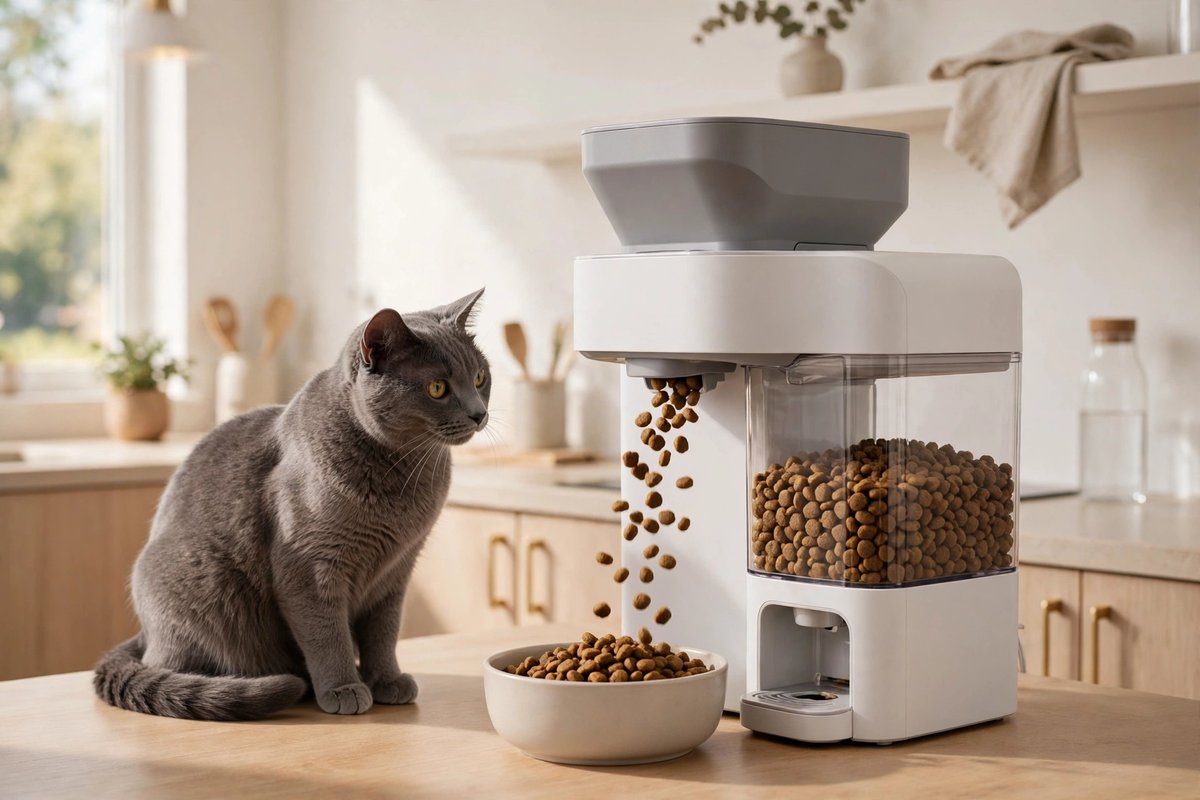 Automatic pet feeder dispensing kibble as a grey cat waits — a practical gift for new pet owners
