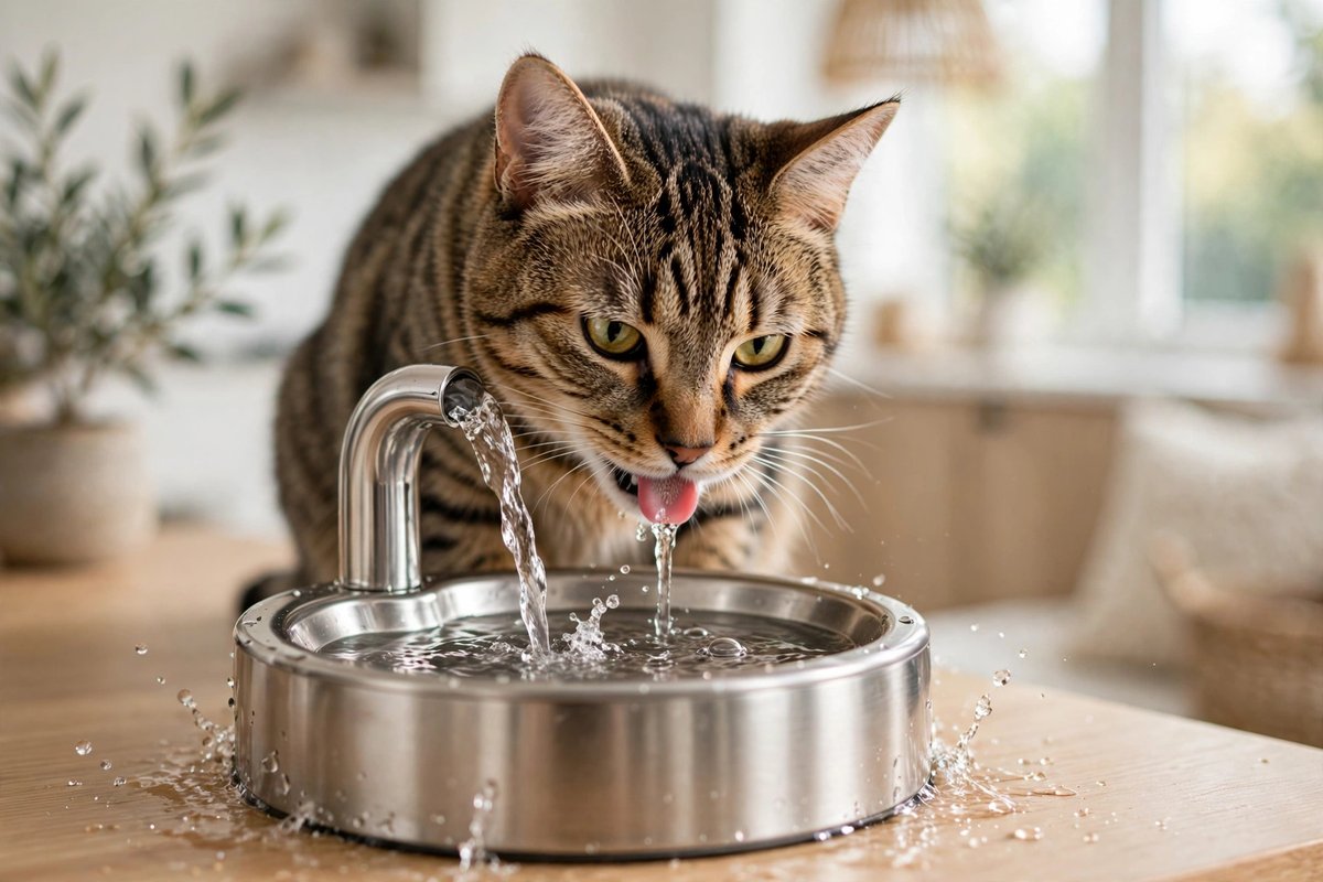 Tabby cat drinking from a stainless steel pet water fountain