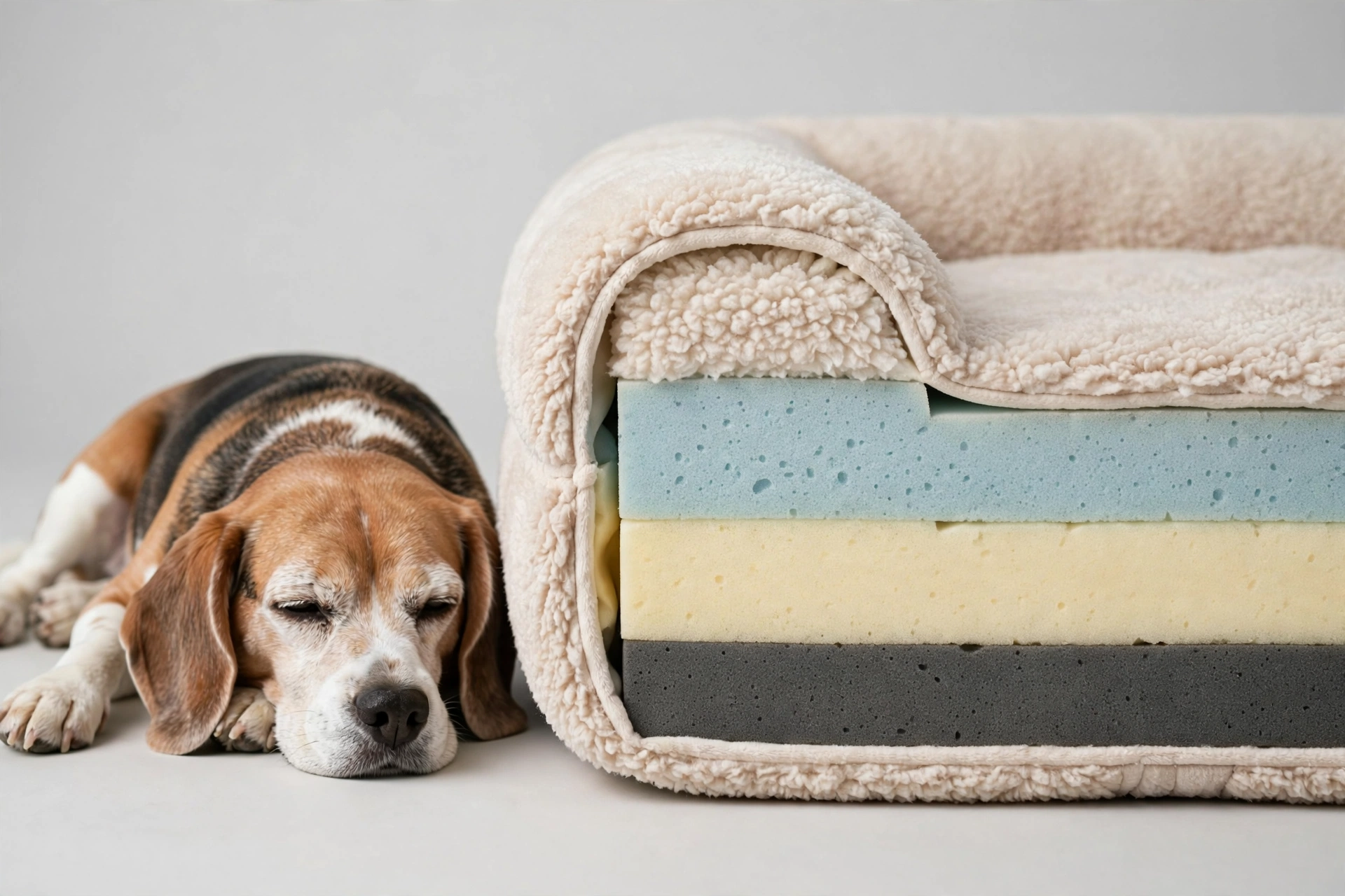 Layered memory foam orthopedic dog bed beside a senior Beagle