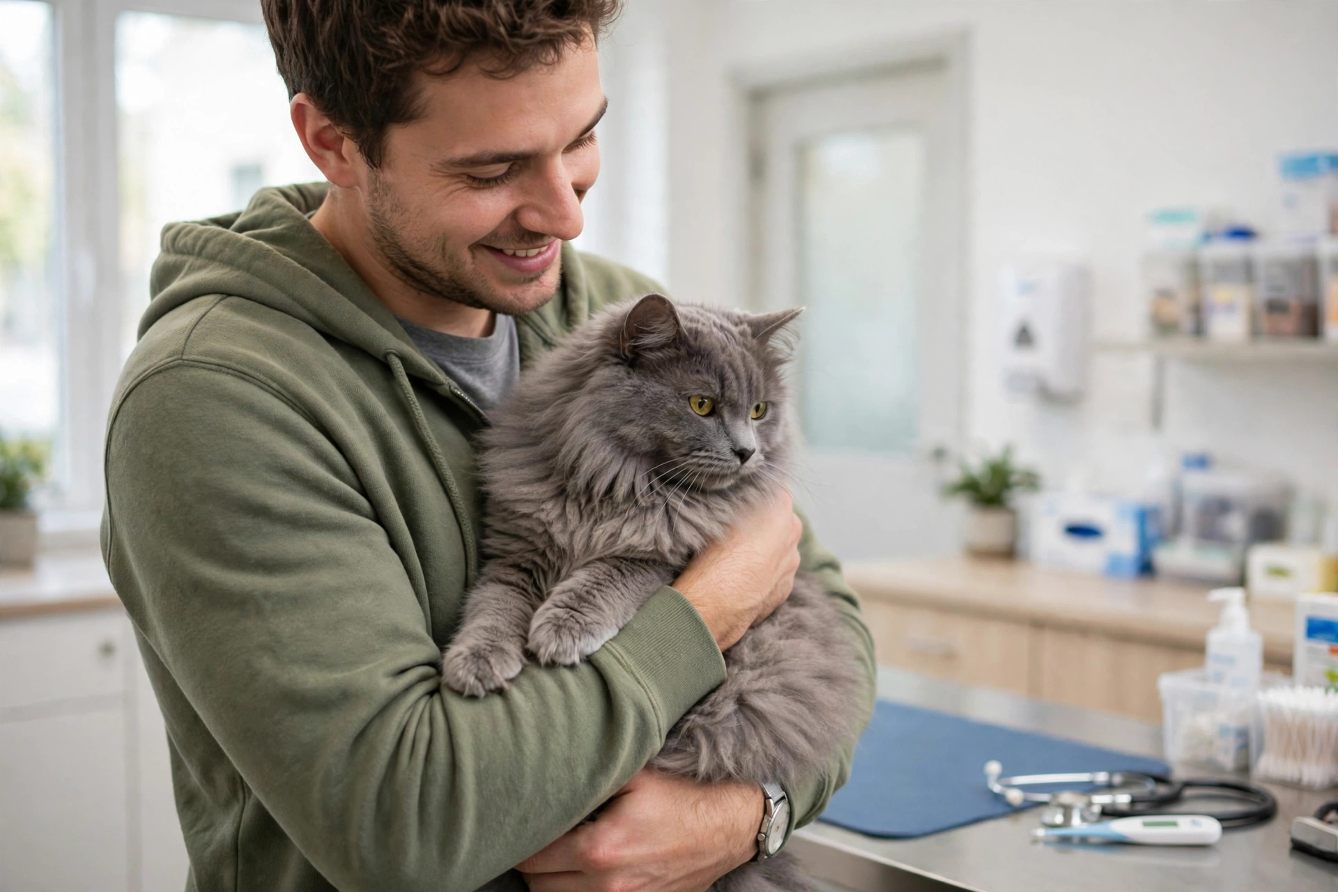 Gray cat being held gently during a calm veterinary check-up