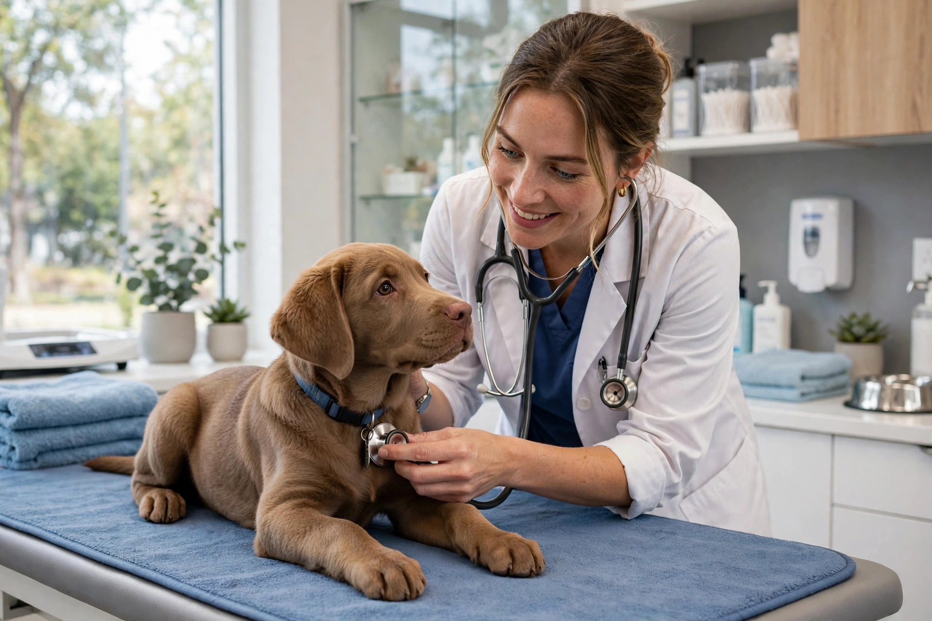 Friendly veterinarian gently examining a labrador puppy at an animal clinic