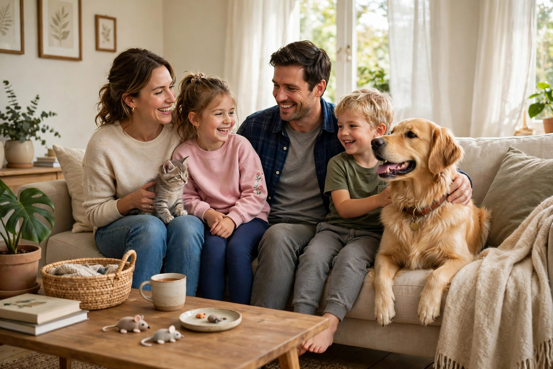 Happy family on a couch with their golden retriever and kitten in a sunny living room