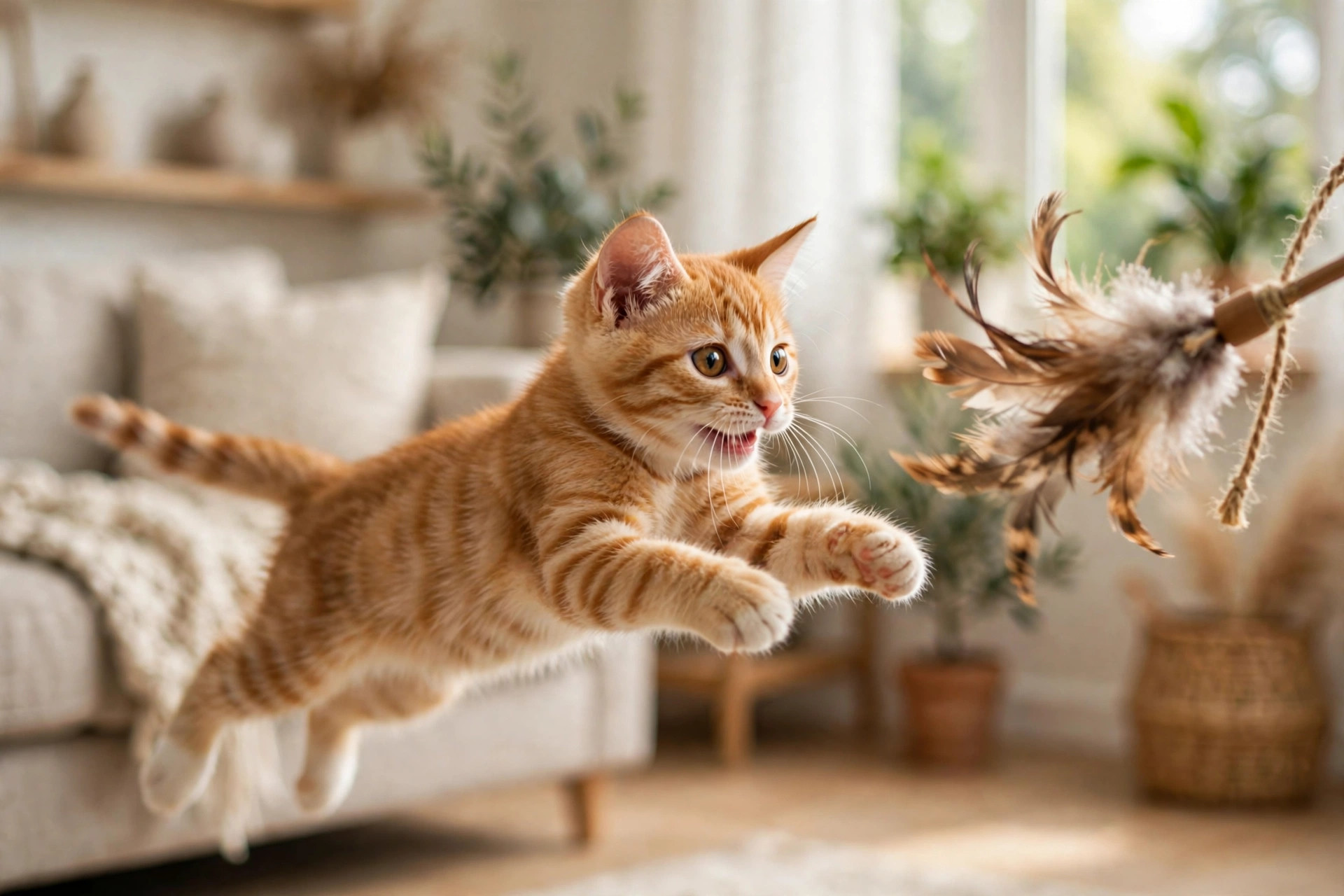Playful male kitten pouncing at a feather toy in a living room