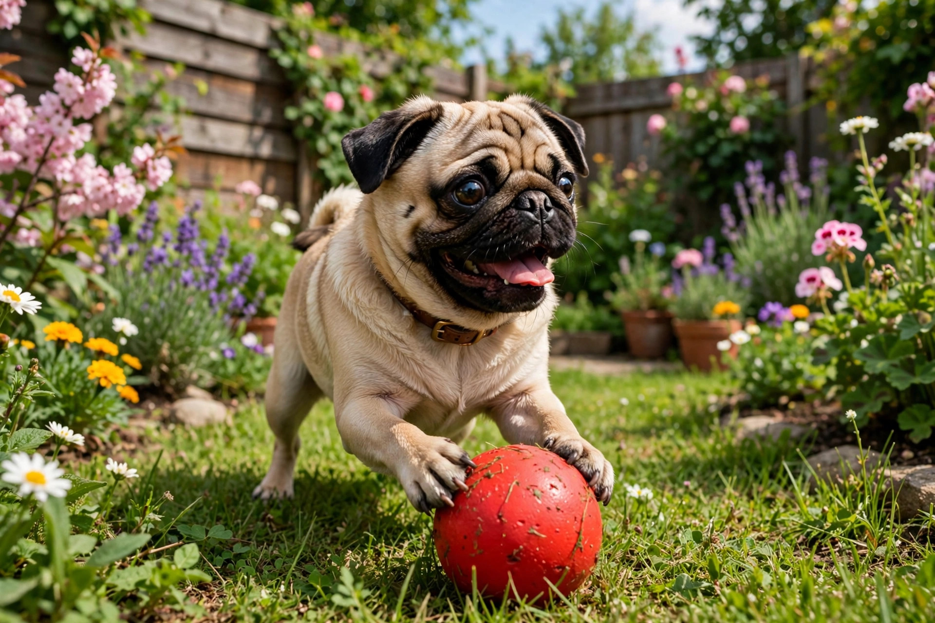 Happy fawn pug playing with a red ball in a bright backyard garden
