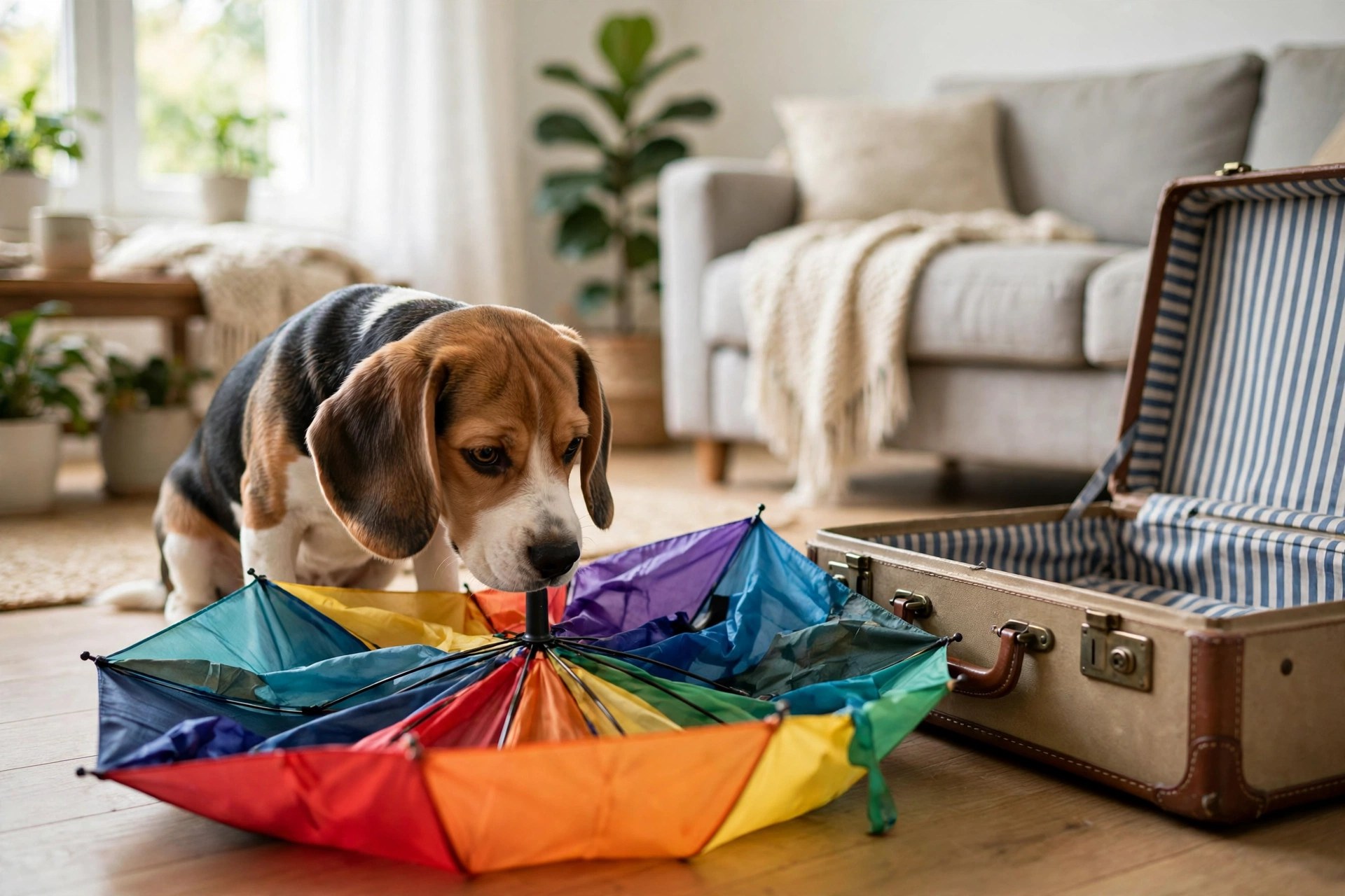 Curious beagle puppy sniffing an open umbrella and suitcase while discovering new household objects