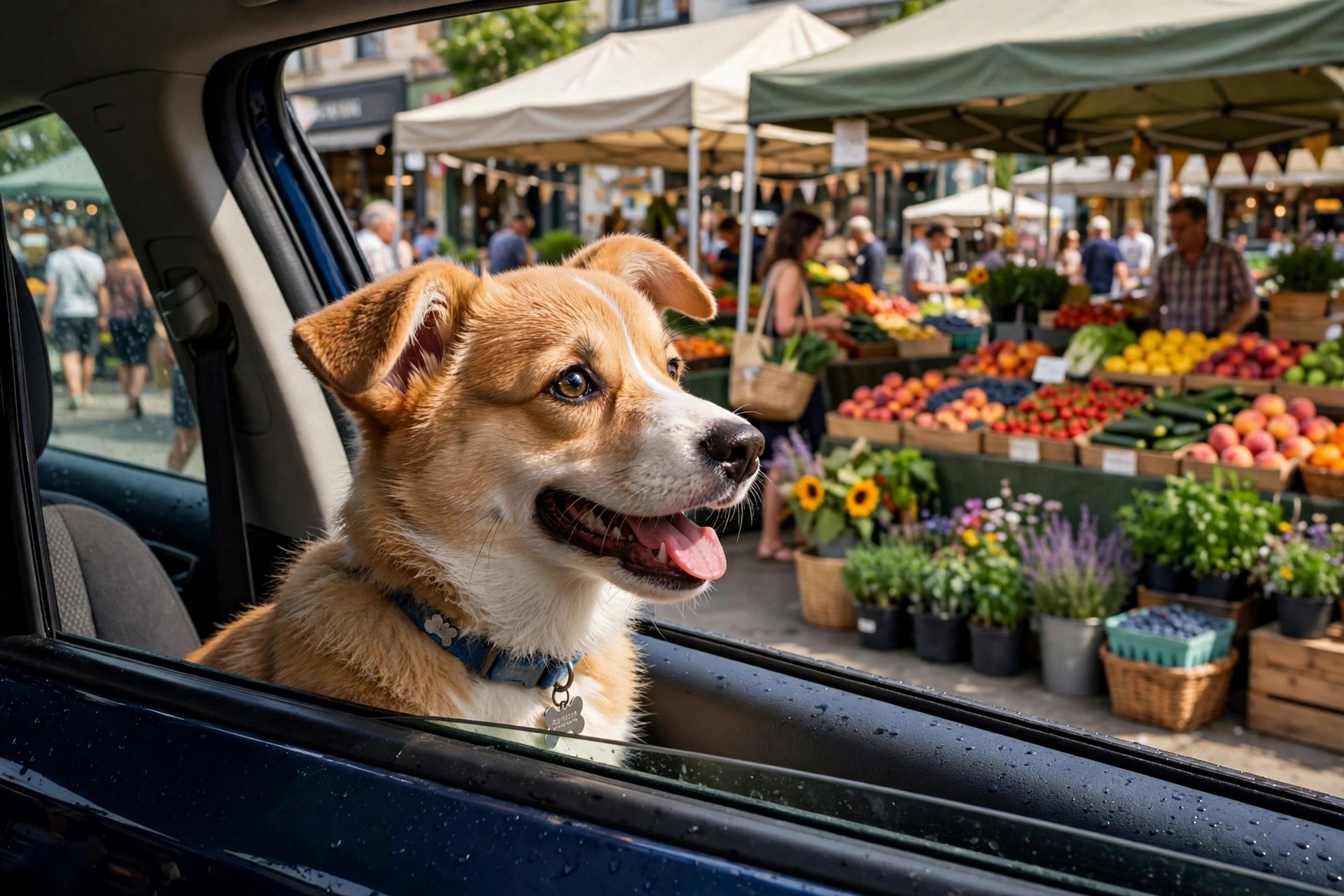 Happy corgi puppy looking out of a car window at a lively outdoor street market