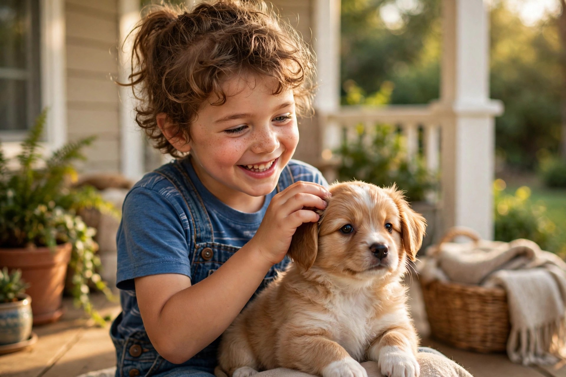 Small puppy being gently petted by a smiling child during a calm socialization session