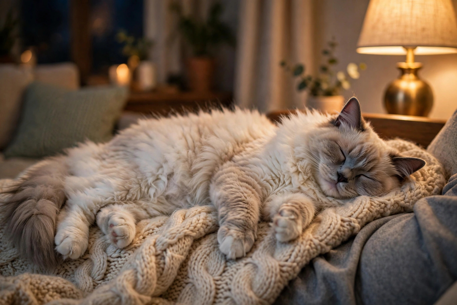 Fluffy blue-eyed Ragdoll cat lying flopped contentedly on a soft knit blanket across a person's lap