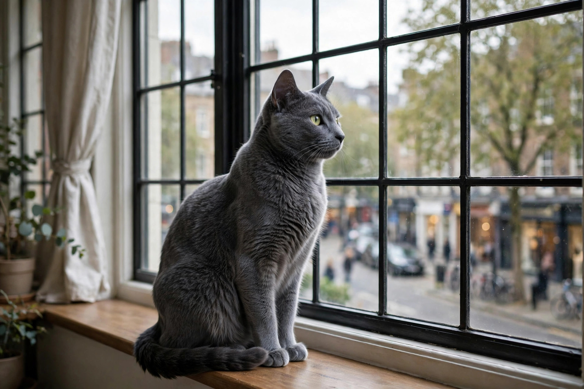 Dignified blue-grey Russian Blue cat sitting upright by a large window in soft daylight