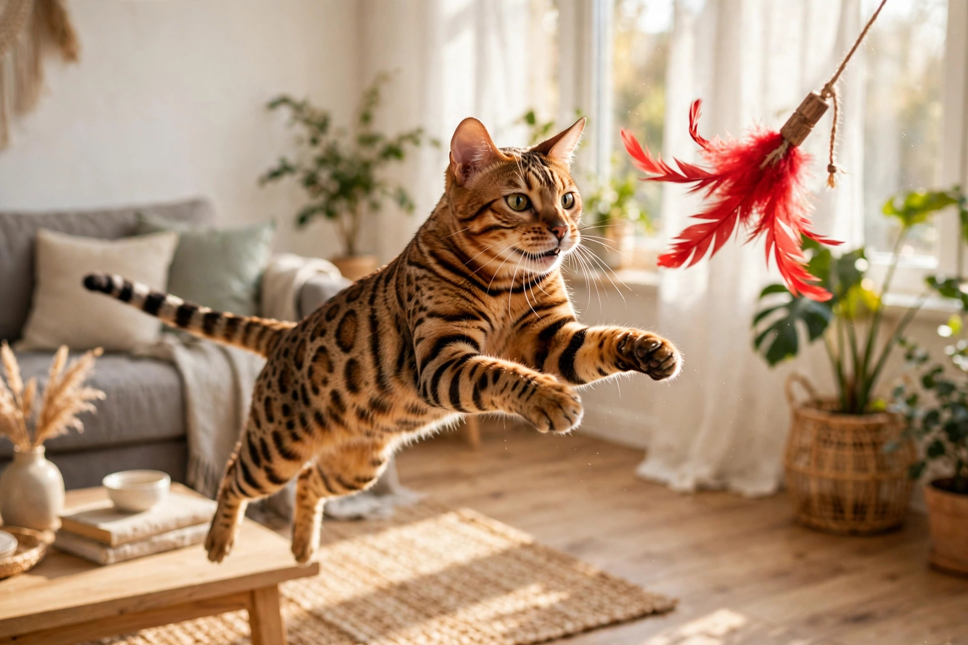 Spotted Bengal cat mid-pounce chasing a red feather wand toy in a bright living room