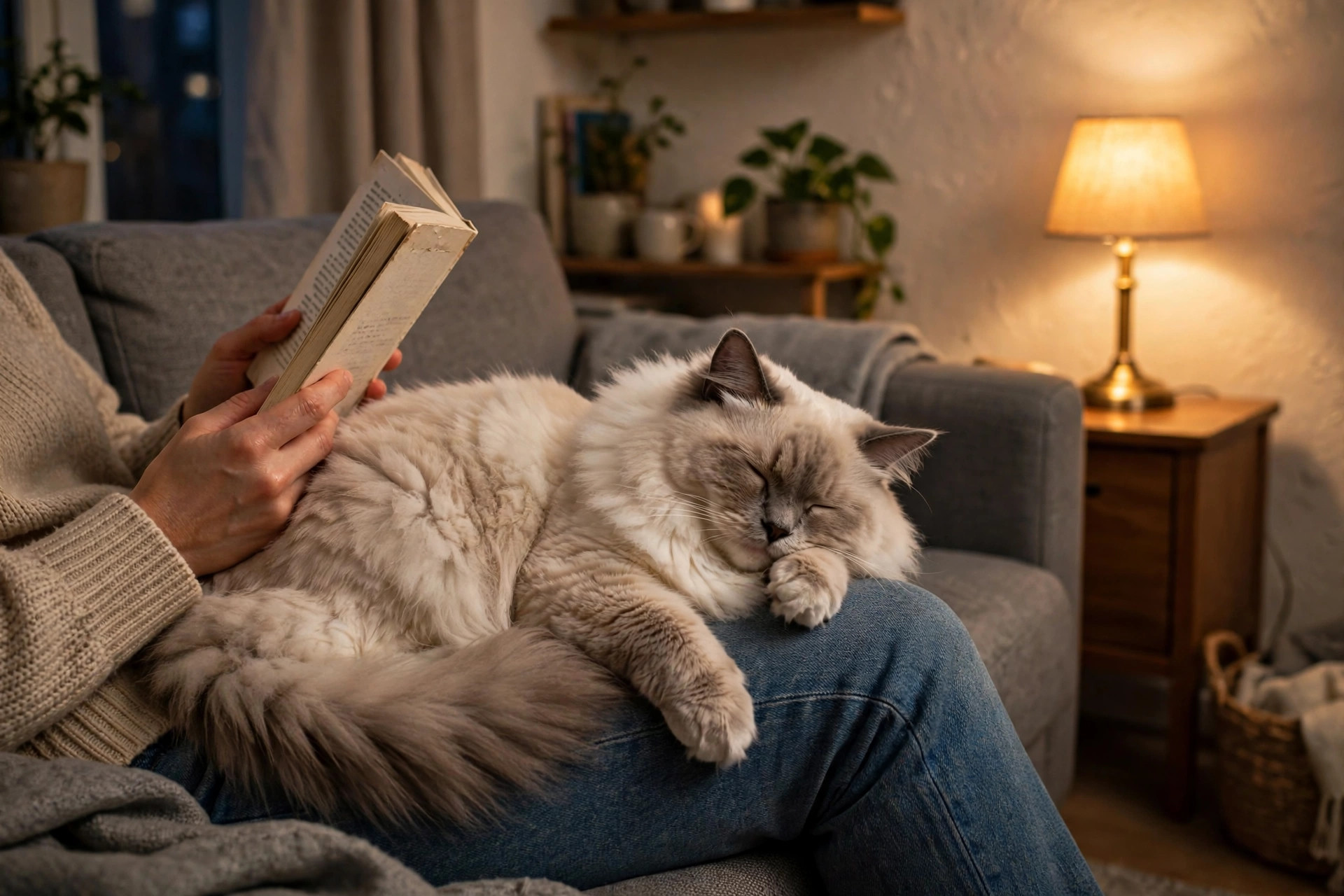 Fluffy Ragdoll cat sleeping on a person's lap on a sofa in a small apartment