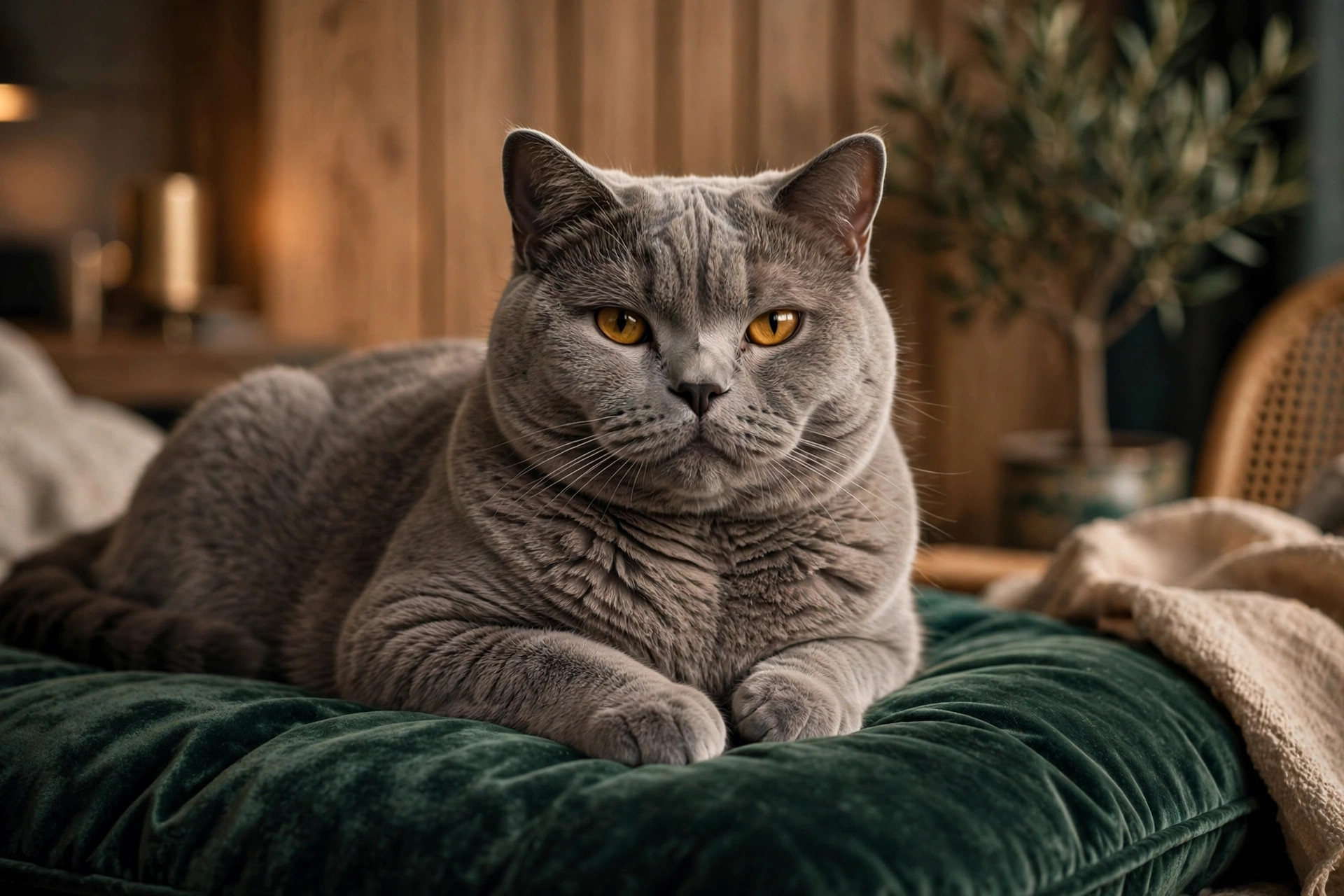 Regal male British Shorthair cat lounging on a velvet cushion