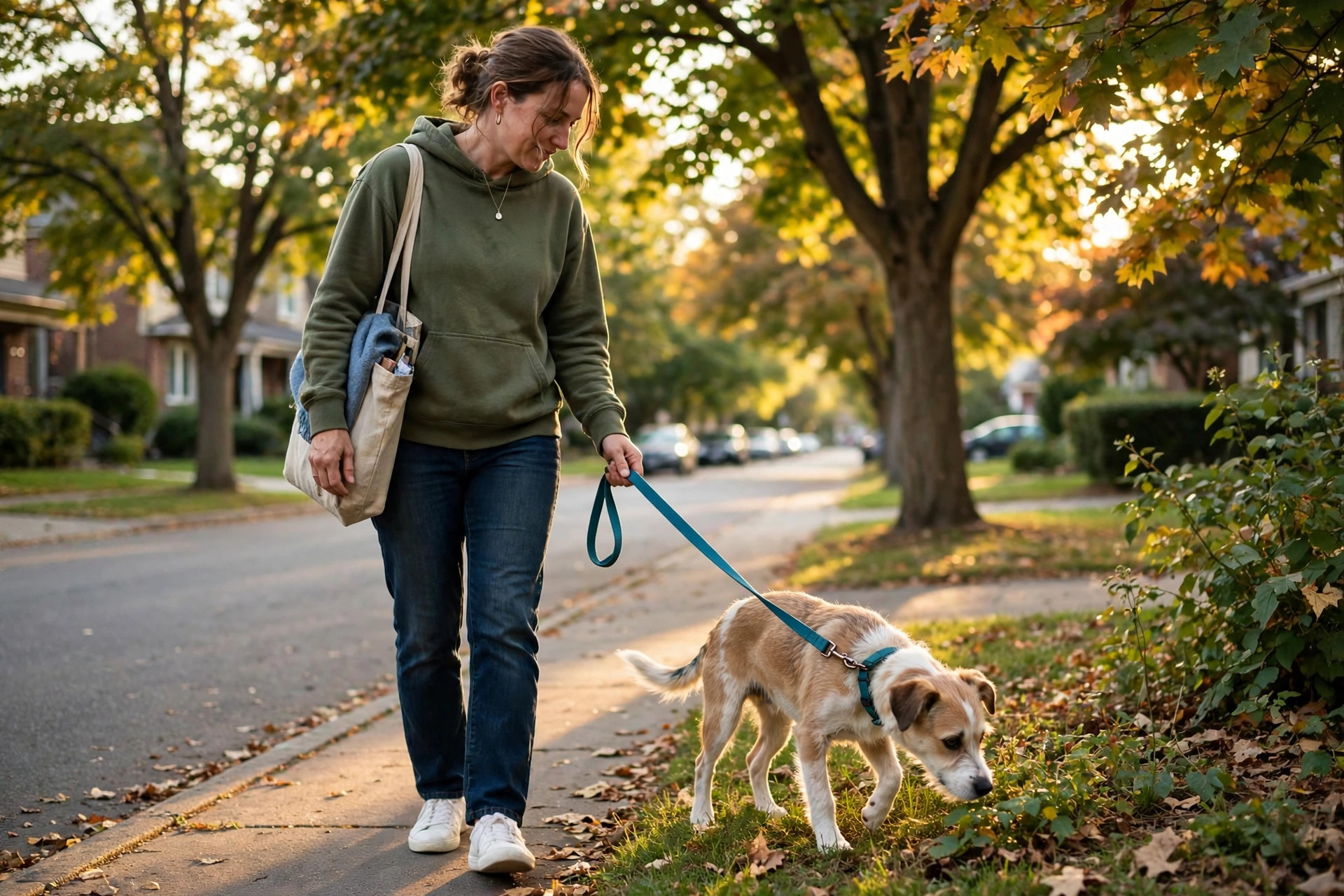 A person walking a newly adopted rescue dog on a leash along a quiet leafy street