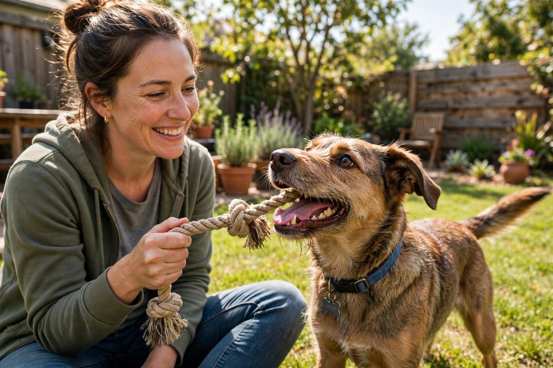 A happy rescue dog playing with a rope toy in a sunny backyard with its owner