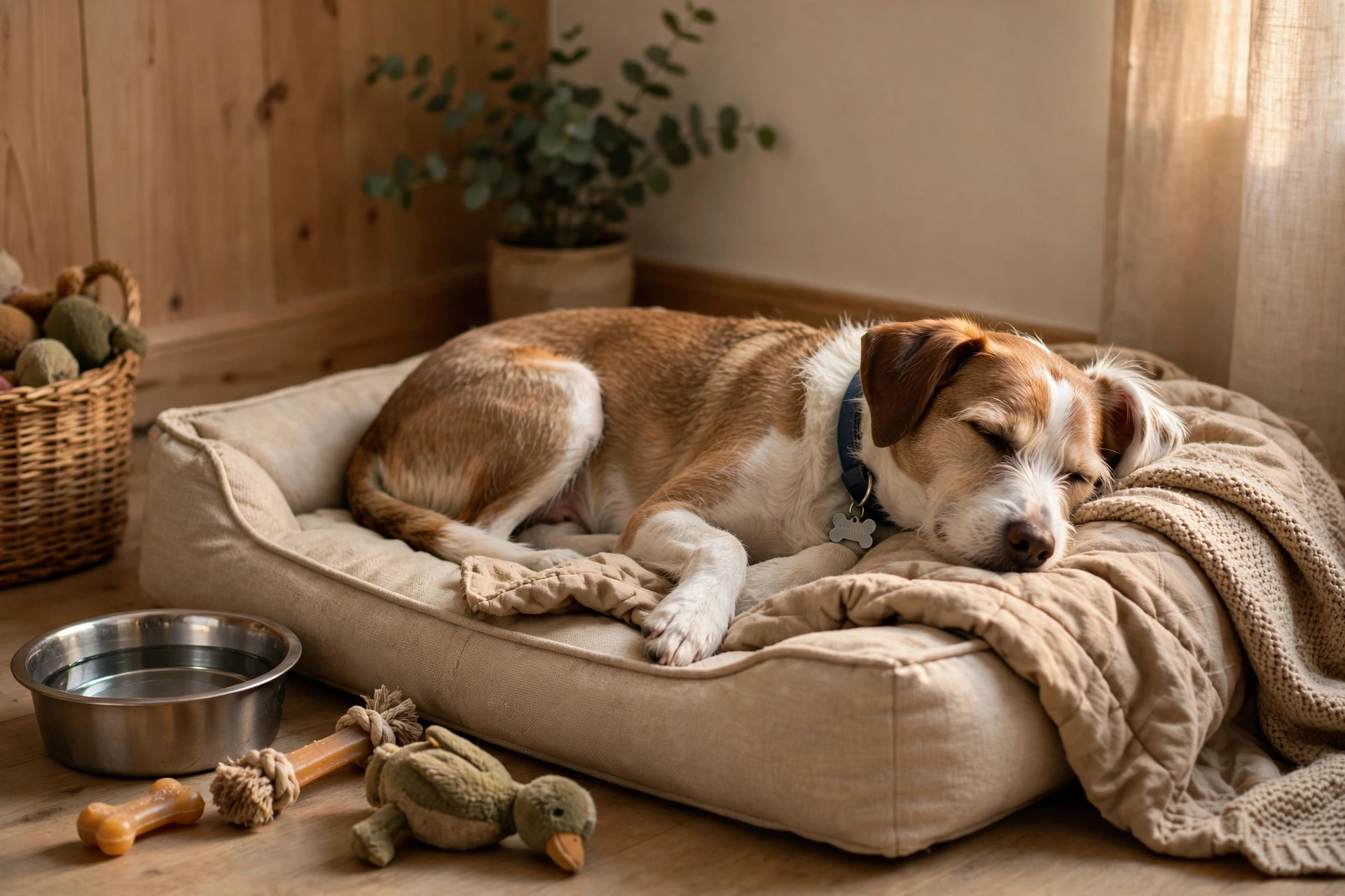 A calm rescue dog resting in a quiet safe room with a dog bed, water bowl and chew toys