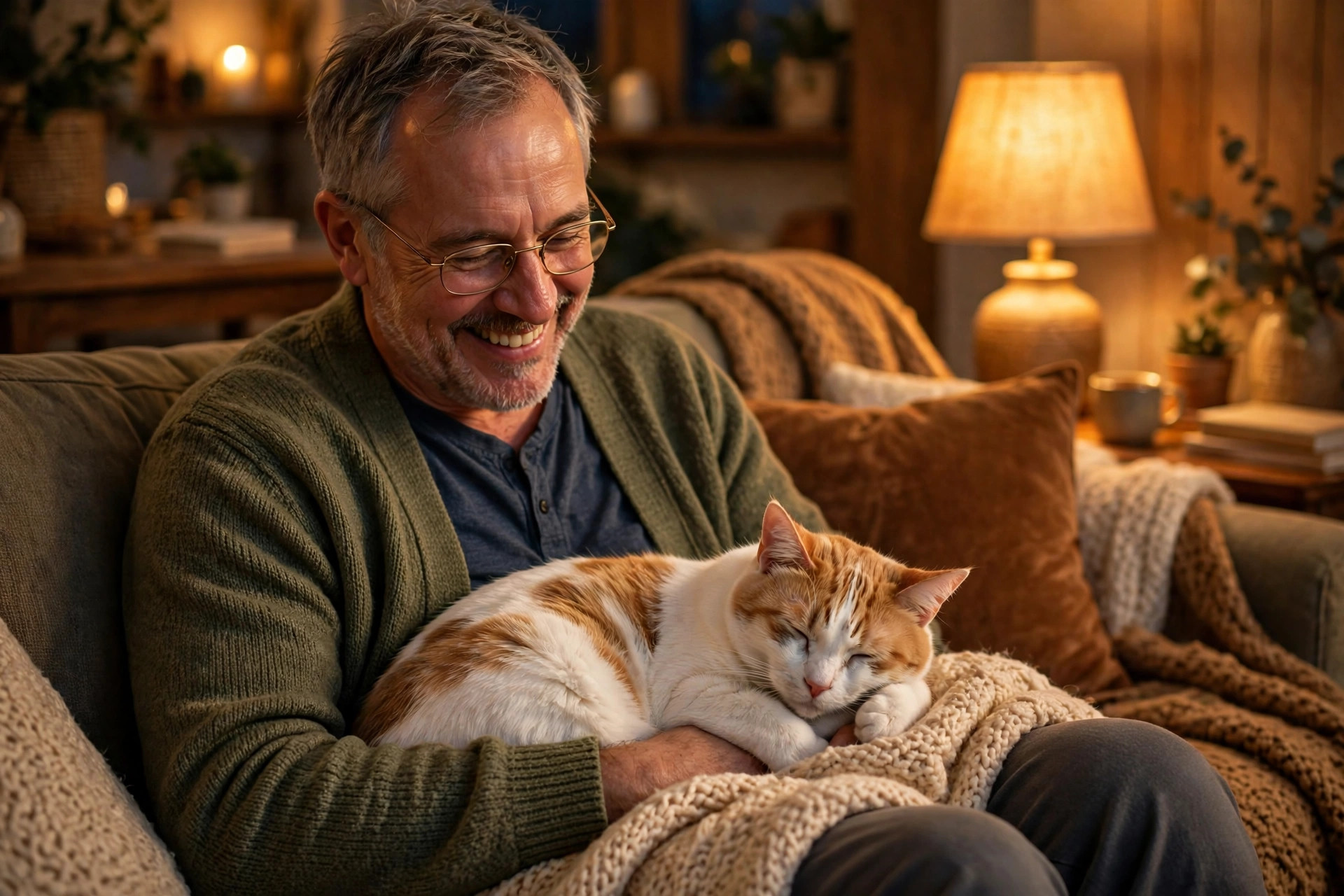 Senior white and ginger cat cuddling on a person's lap on a couch in warm evening light
