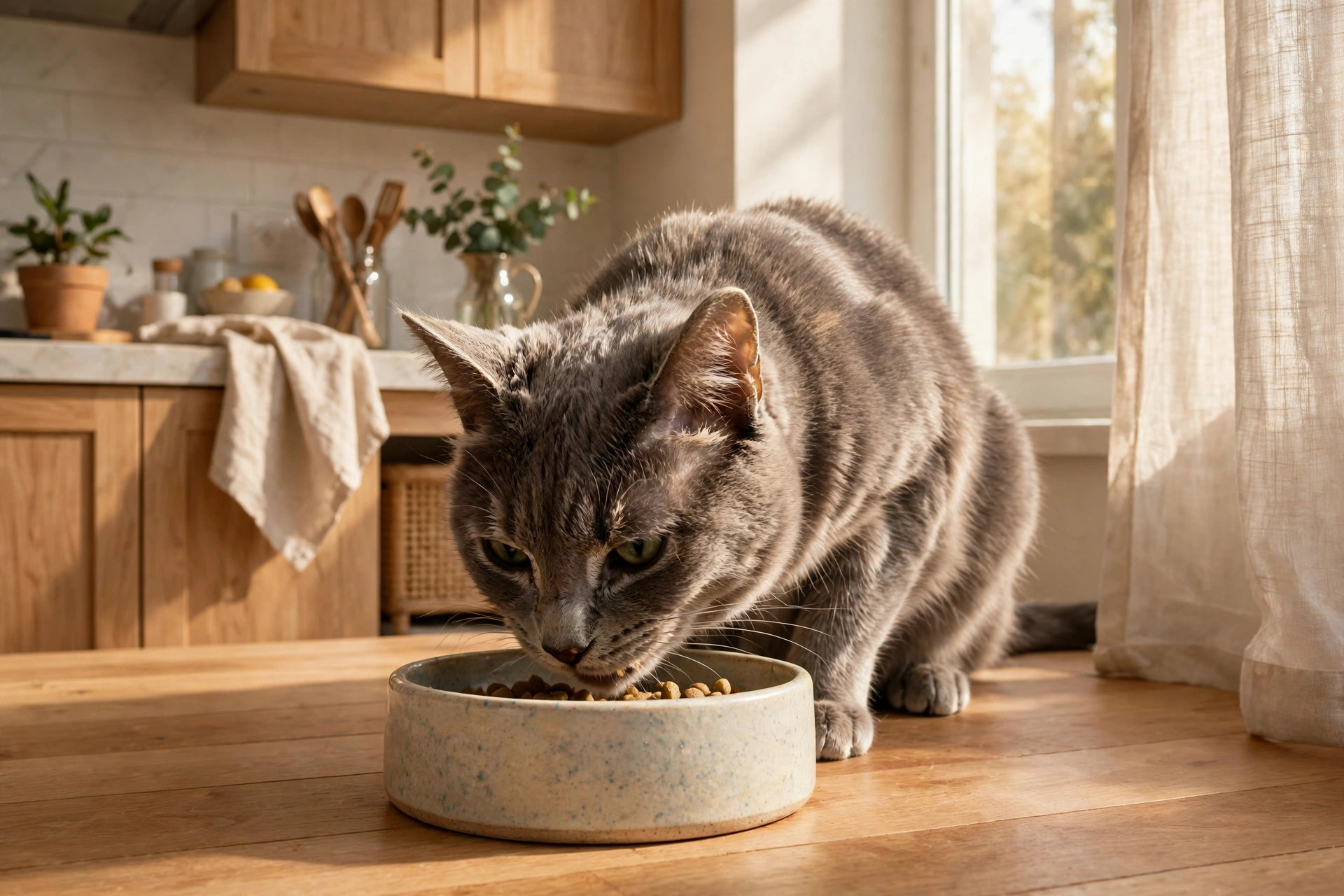 Senior grey cat eating from a ceramic food bowl in a bright home kitchen