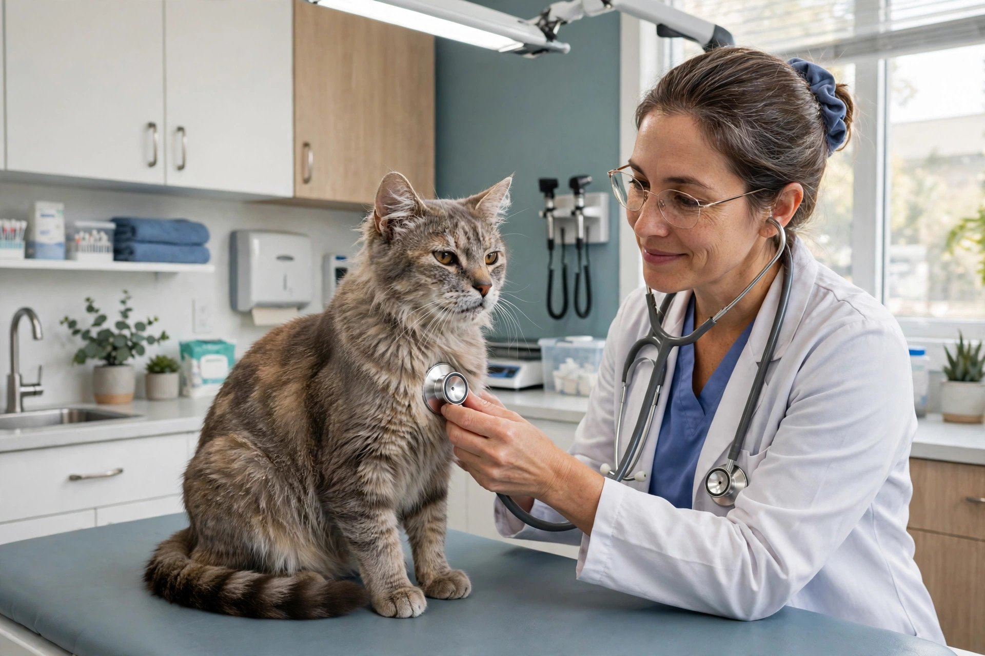 Senior cat being gently examined by a veterinarian on an exam table in a bright modern clinic