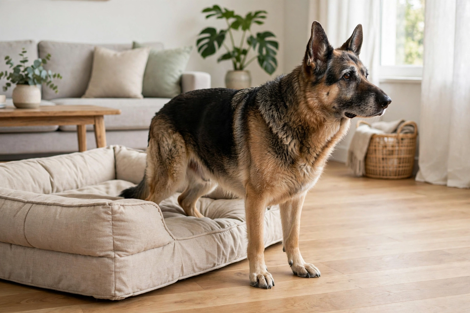 Senior German Shepherd standing up easily from a thick orthopedic dog bed