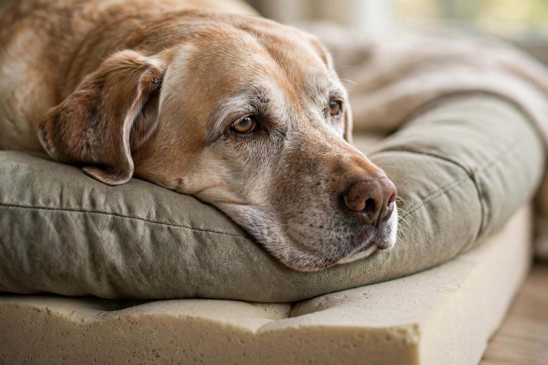 Elderly Labrador resting its head on the bolstered edge of an orthopedic dog bed