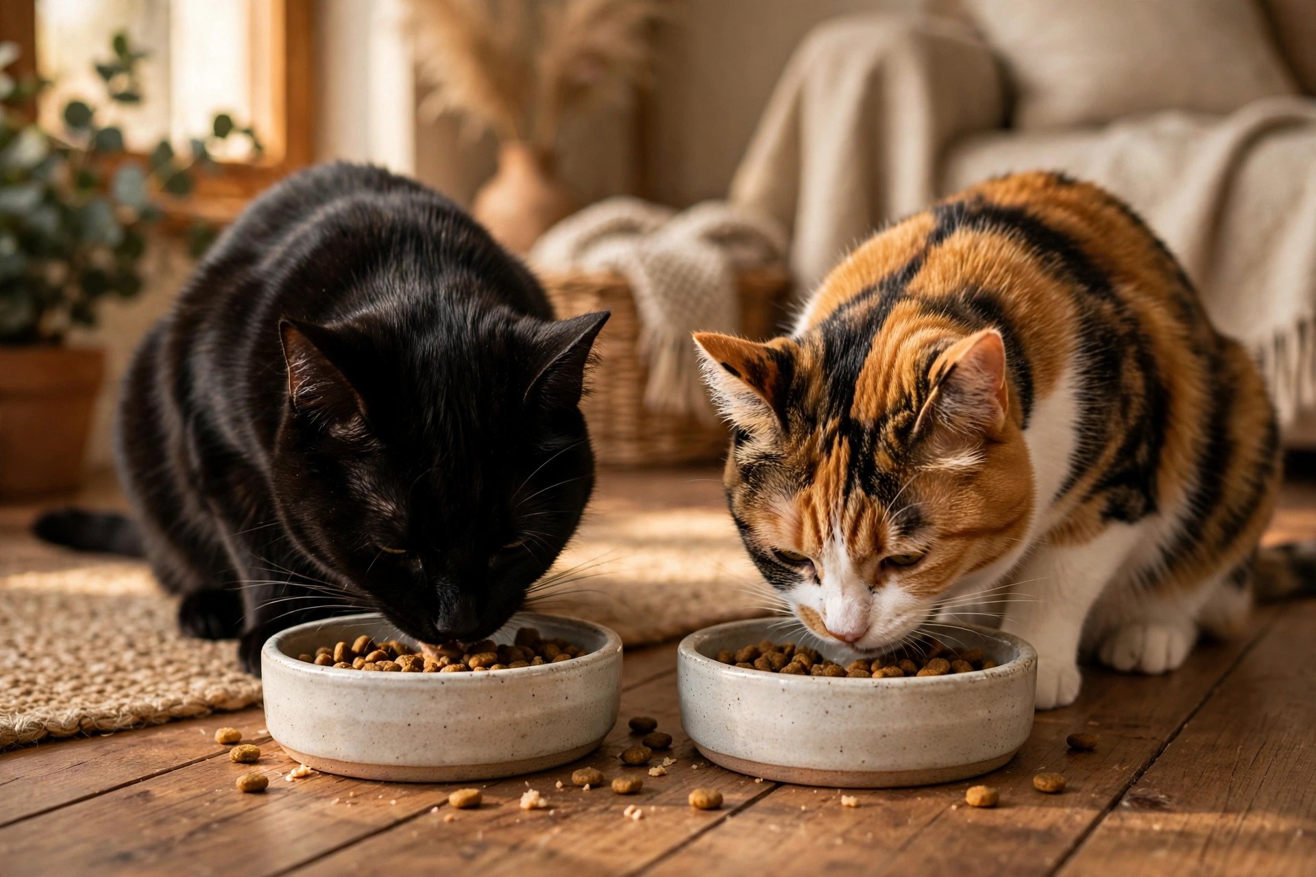 Black and calico cats eating from side-by-side ceramic food bowls on a wooden floor