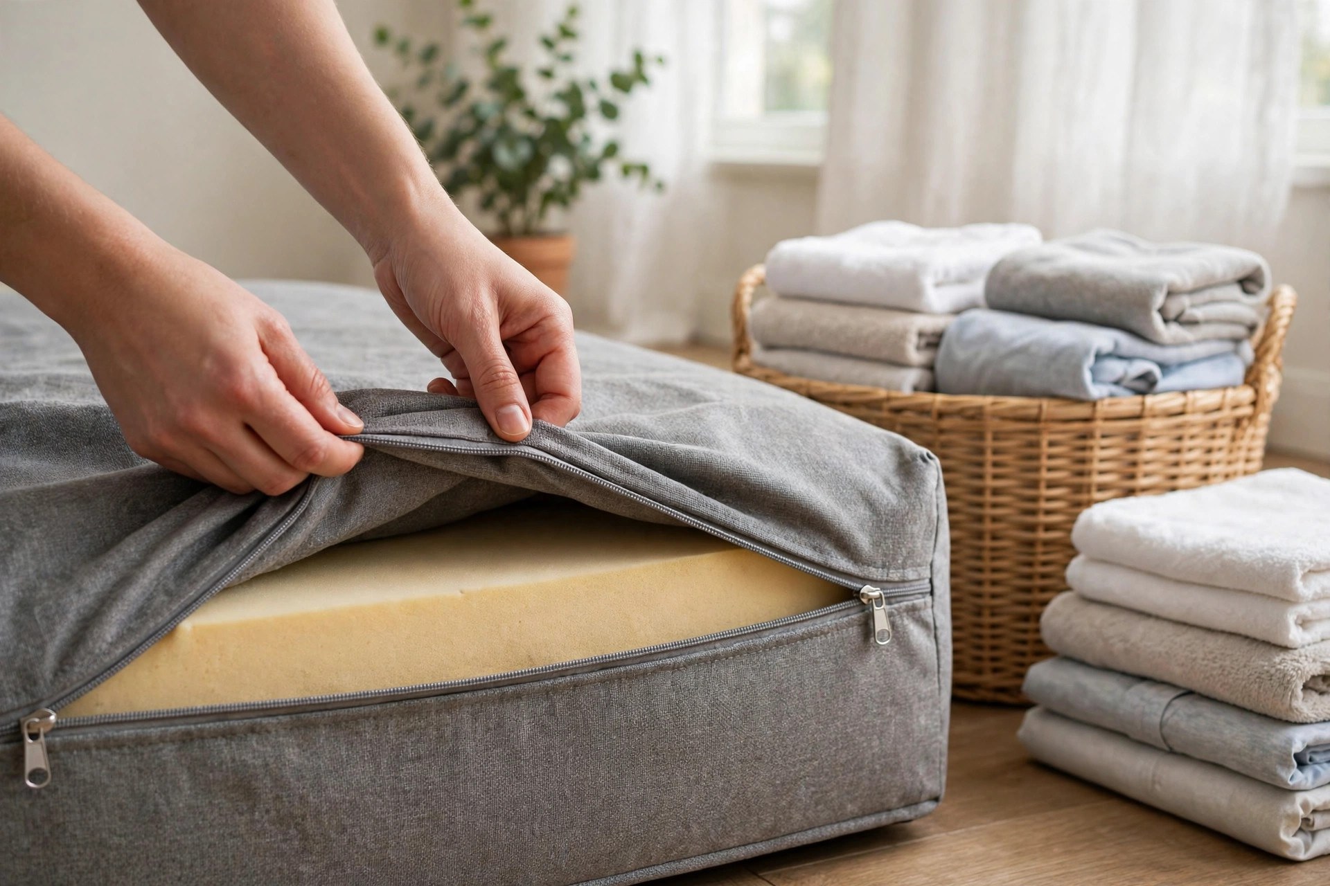 Hands unzipping a removable washable cover from a thick orthopedic dog bed with folded laundry nearby