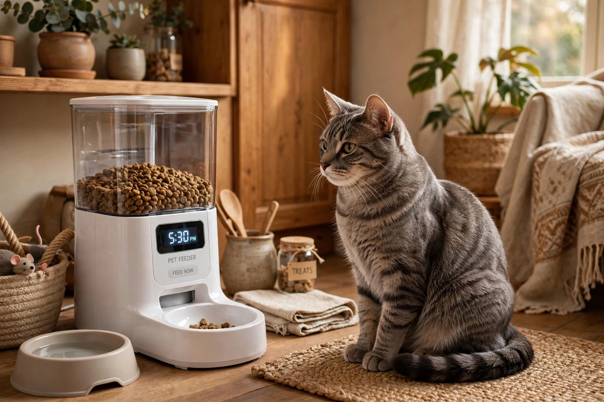 A grey tabby cat sitting patiently near an automatic pet feeder at feeding time in a warm home interior