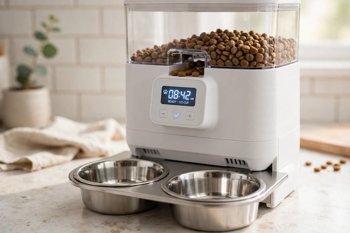 Close-up of an automatic pet feeder with a small digital display and two stainless steel bowls in a bright kitchen