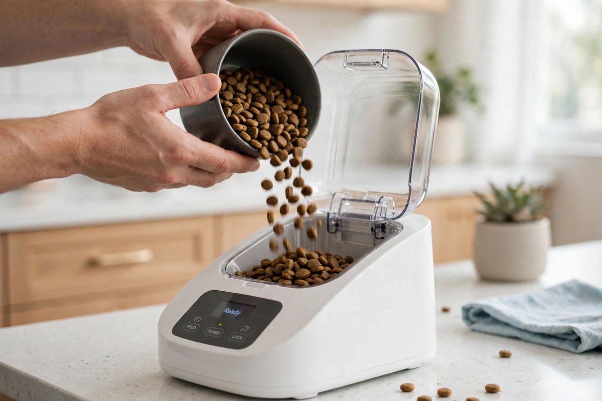 A person's hands pouring dry pet kibble into the hopper of an automatic pet feeder in a bright kitchen